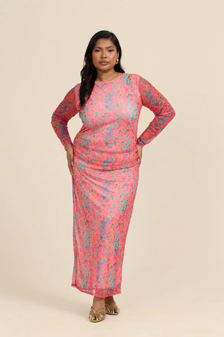 Curve Mesh long sleeve midaxi dress in bright coral floral print