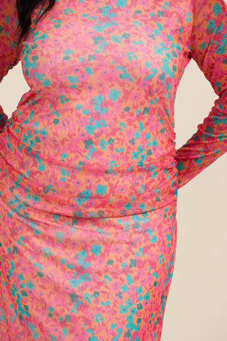 Curve Mesh long sleeve midaxi dress in bright coral floral print
