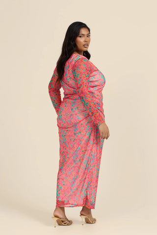 Curve Mesh long sleeve midaxi dress in bright coral floral print
