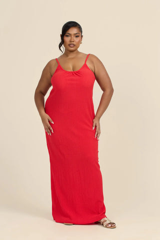 Curve Textured Crinkle Trapeze style maxi dress in Red