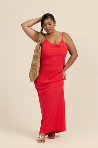 Curve Textured Crinkle Trapeze style maxi dress in Red