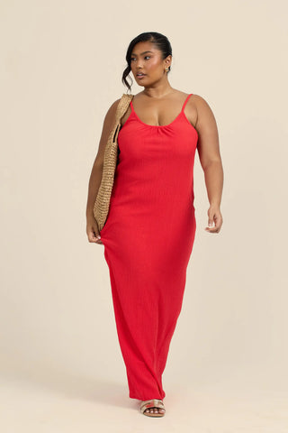 Curve Textured Crinkle Trapeze style maxi dress in Red