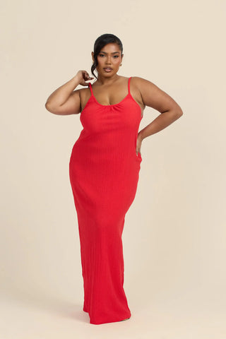 Curve Textured Crinkle Trapeze style maxi dress in Red