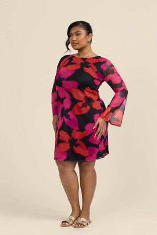 Curve Mesh flare sleeve mini dress in bold floral print