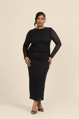 Curve long sleeved black mesh midaxi dress