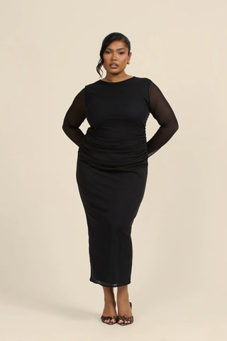 Curve long sleeved black mesh midaxi dress