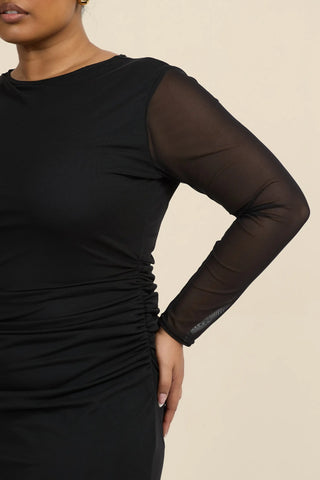 Curve long sleeved black mesh midaxi dress