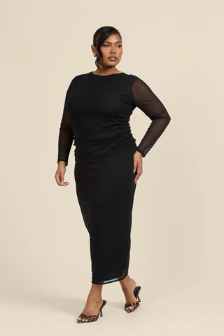 Curve long sleeved black mesh midaxi dress