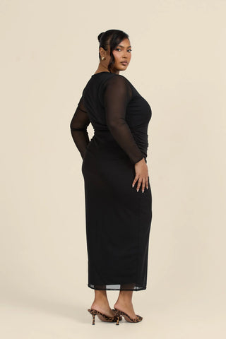 Curve long sleeved black mesh midaxi dress