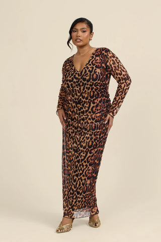 Curve plunge neck leopard print ruched mesh midaxi dress