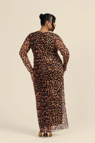 Curve plunge neck leopard print ruched mesh midaxi dress
