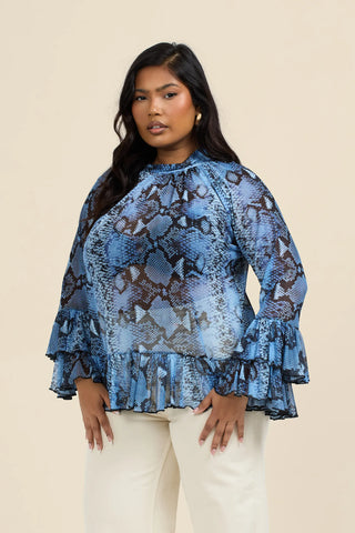 Curve Ruffle Snake Print Ruffle Swing Blouse