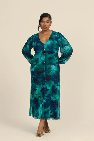 Curve Abstract Floral Button Front Midi Dress