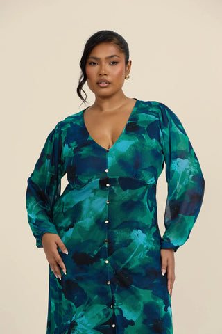 Curve Abstract Floral Button Front Midi Dress