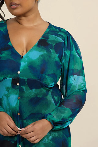 Curve Abstract Floral Button Front Midi Dress