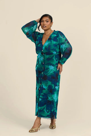 Curve Abstract Floral Button Front Midi Dress