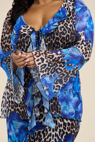 Curve Leopard And Floral Ruffle Blouse