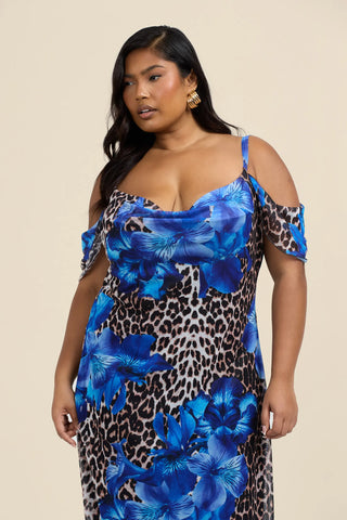 Curve Cold Shoulder Leopard and Floral Maxi Dress