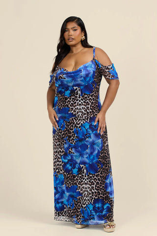 Curve Cold Shoulder Leopard and Floral Maxi Dress