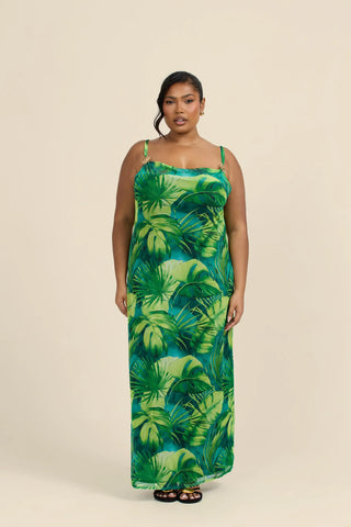 Curve Palm Print Gold Trim Maxi Dress