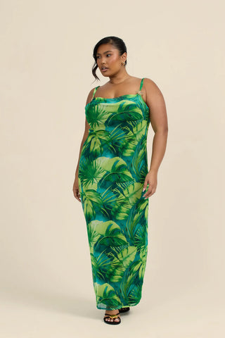 Curve Palm Print Gold Trim Maxi Dress
