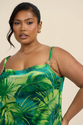Curve Palm Print Gold Trim Maxi Dress