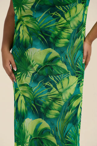 Curve Palm Print Gold Trim Maxi Dress