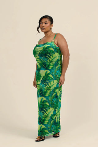 Curve Palm Print Gold Trim Maxi Dress