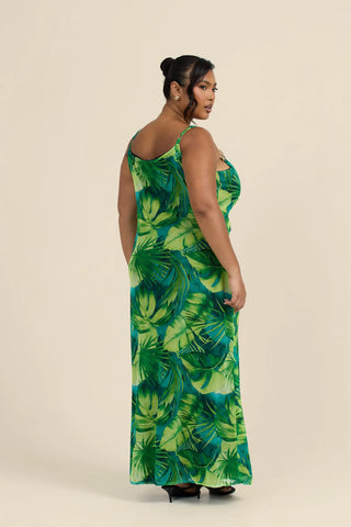 Curve Palm Print Gold Trim Maxi Dress