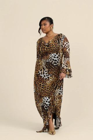 Curve Ruffle Cowl Neck Leopard Print Maxi Dress