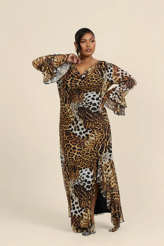 Curve Ruffle Cowl Neck Leopard Print Maxi Dress