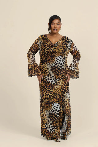 Curve Ruffle Cowl Neck Leopard Print Maxi Dress