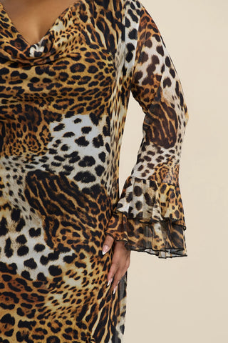 Curve Ruffle Cowl Neck Leopard Print Maxi Dress
