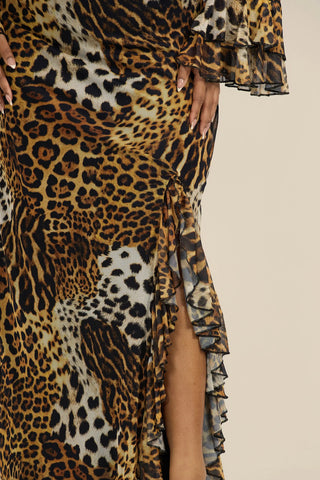 Curve Ruffle Cowl Neck Leopard Print Maxi Dress