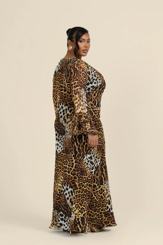 Curve Ruffle Cowl Neck Leopard Print Maxi Dress