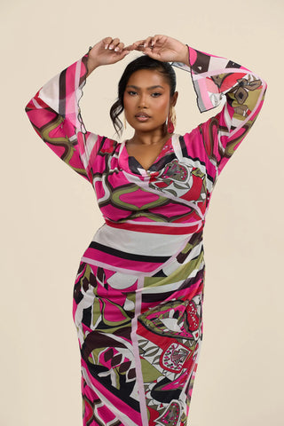 Curve Abstract Print Cowl Neck Maxi Dress