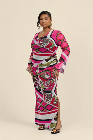 Curve Abstract Print Cowl Neck Maxi Dress