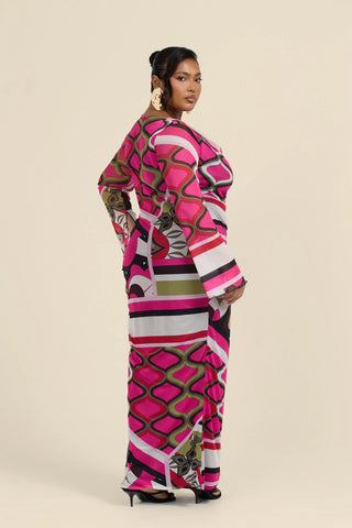 Curve Abstract Print Cowl Neck Maxi Dress