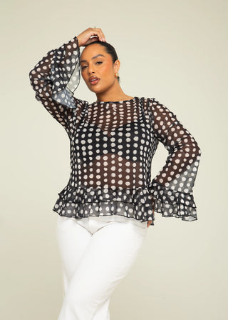 Curve Polka Dot Ruffle Sleeve Swing Style Mesh Blouse