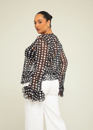 Curve Polka Dot Ruffle Sleeve Swing Style Mesh Blouse