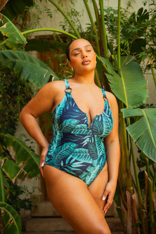 Curve Palm Print Trim Detail Sculpting Swimsuit