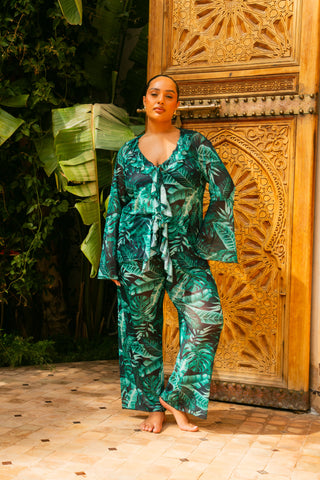 Curve Palm Print Ruffle Resort Top