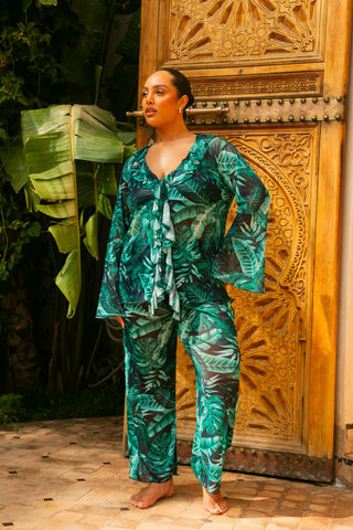 Curve Palm Print Ruffle Resort Top