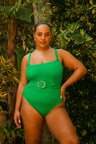 Curve Square Neck Sculpting Crinkle Belted Swimsuit