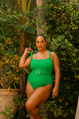 Curve Square Neck Sculpting Crinkle Belted Swimsuit