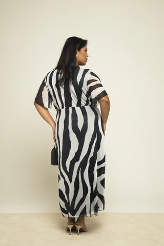 Curve Zebra Print Flutter Sleeve Aline Mesh Midaxi Dress