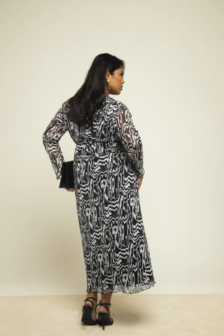 Curve Monochrome Print Wrap over Mesh Midaxi Dress