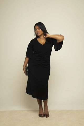 Curve Black Textured Flutter Sleeve Ruched Front Midi Dress