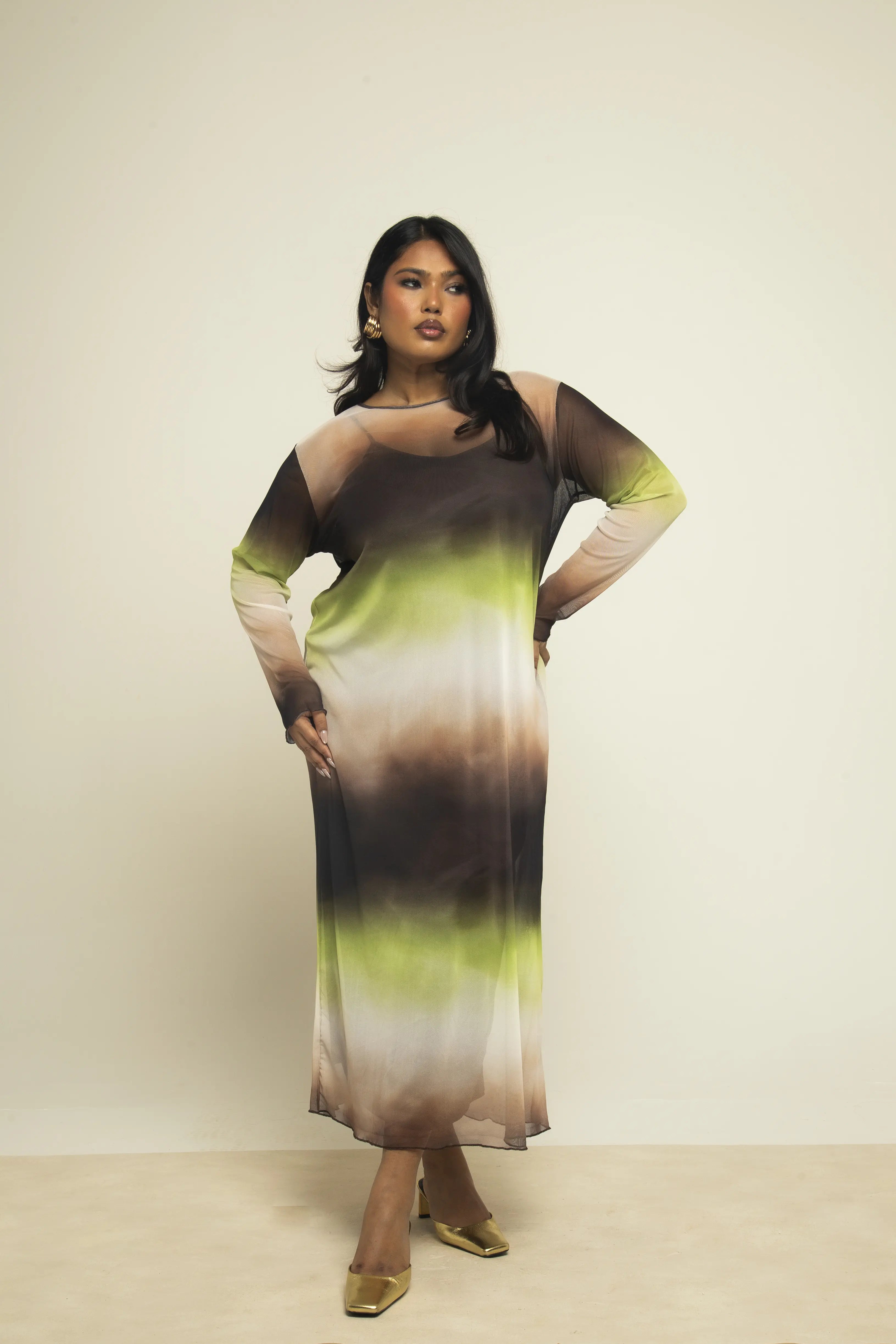 Curve Green and Chocolate Ombre Loose Fit Midi Dress Fashion//SZN Curve Green and Chocolate Ombre Loose Fit Midi Dress Fashion//SZN