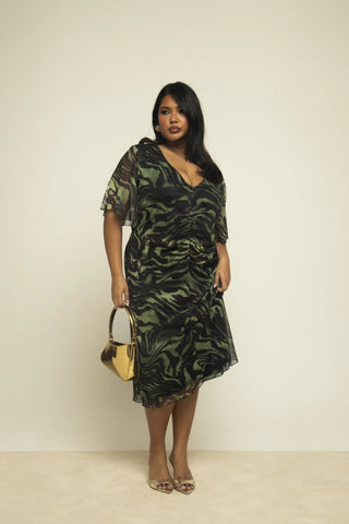 Curve Khaki Zebra Ruched Front Flutter Sleeve Midi Dress